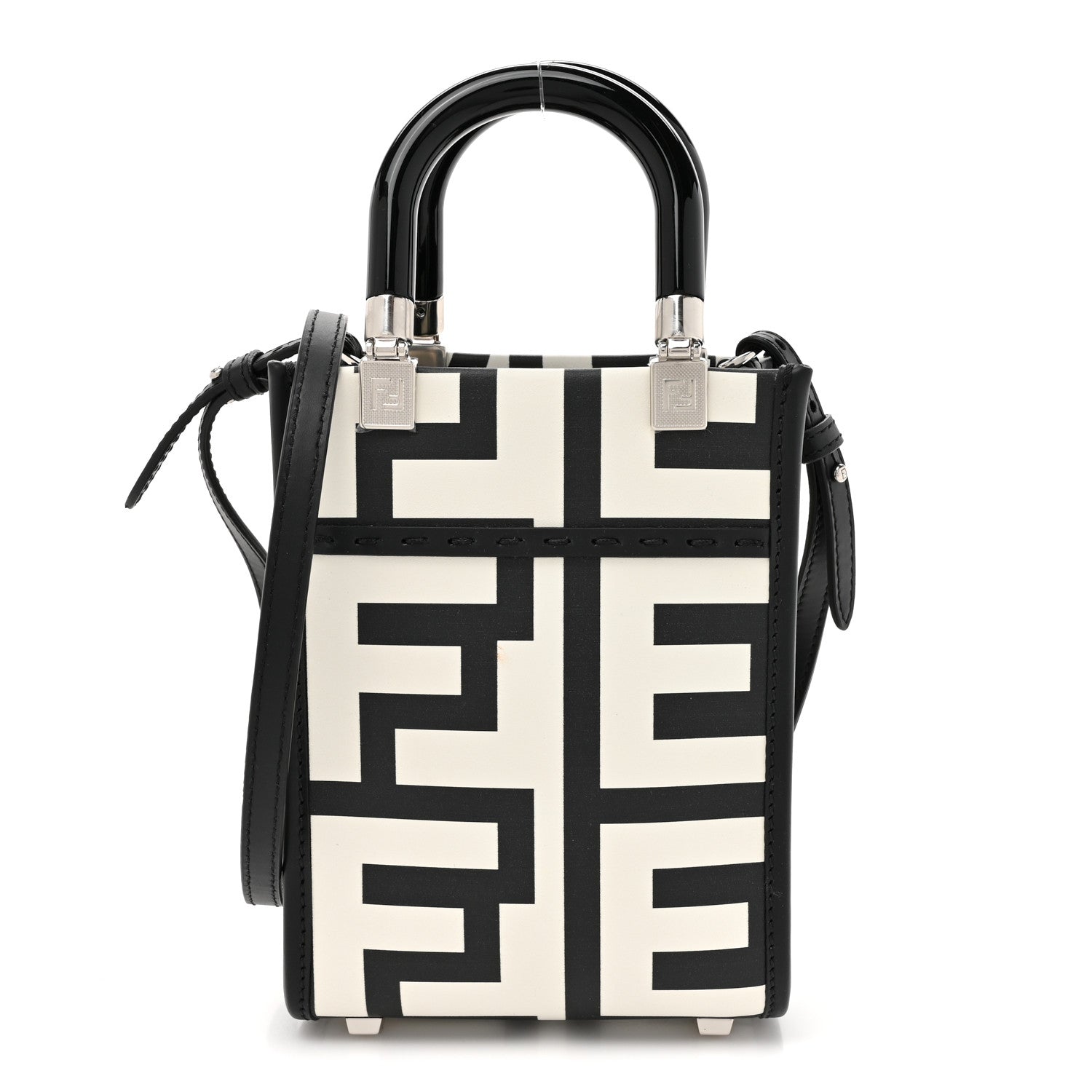 Fendi X MARC JACOBS Vitello King Plexiglass Logo Print Mini Fendi Sunshine Shopper Tote Black White 1 of 9