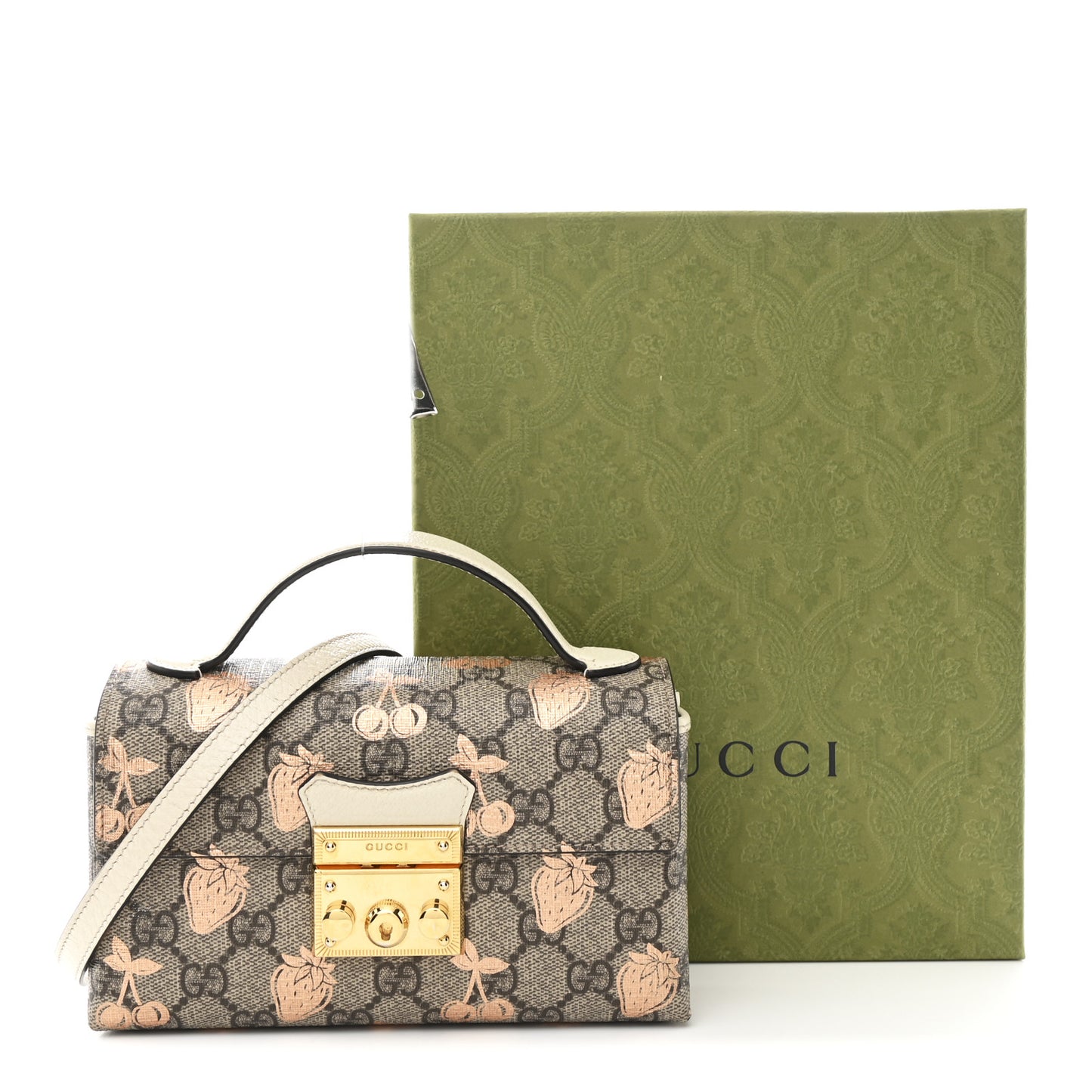 GG Supreme Monogram Berry Textured Dollar Calfskin Mini Padlock Top Handle Shoulder Bag Beige Ebony Light Copper Mystic White