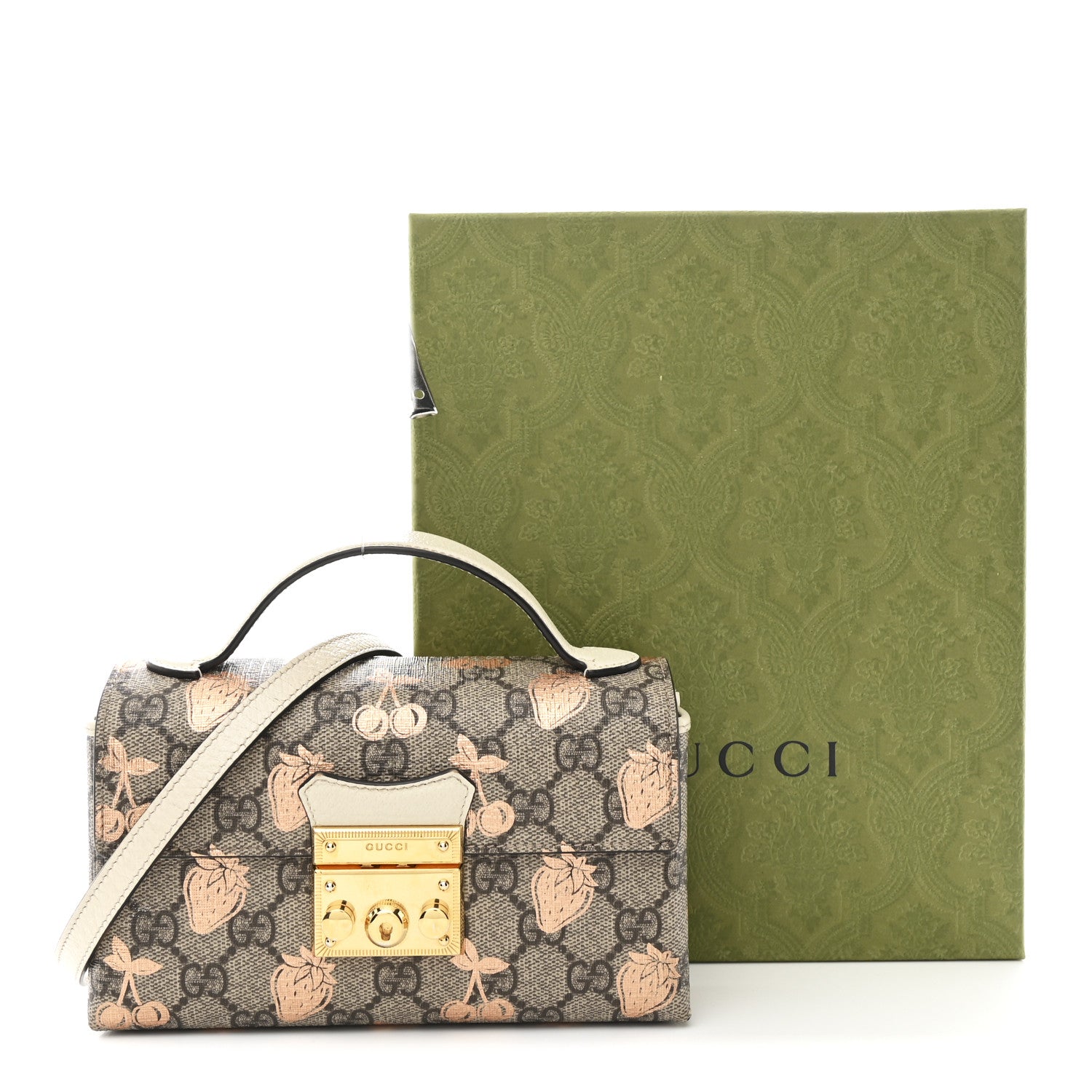 Gucci GG Supreme Monogram Berry Textured Dollar Calfskin Mini Padlock Top Handle Shoulder Bag Beige Ebony Light Copper Mystic White 12 of 12