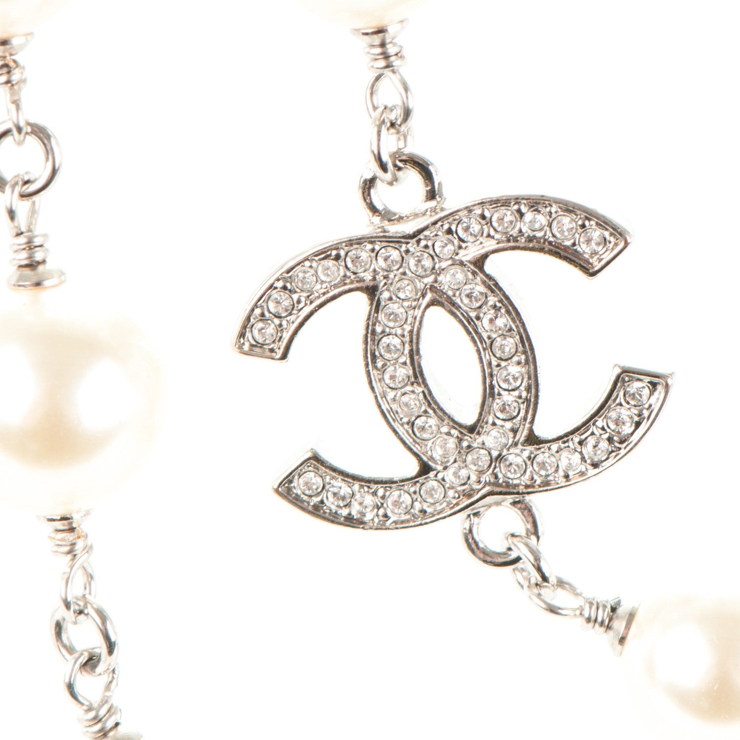 Chanel Crystal Pearl CC Long Necklace Silver 3 of 4