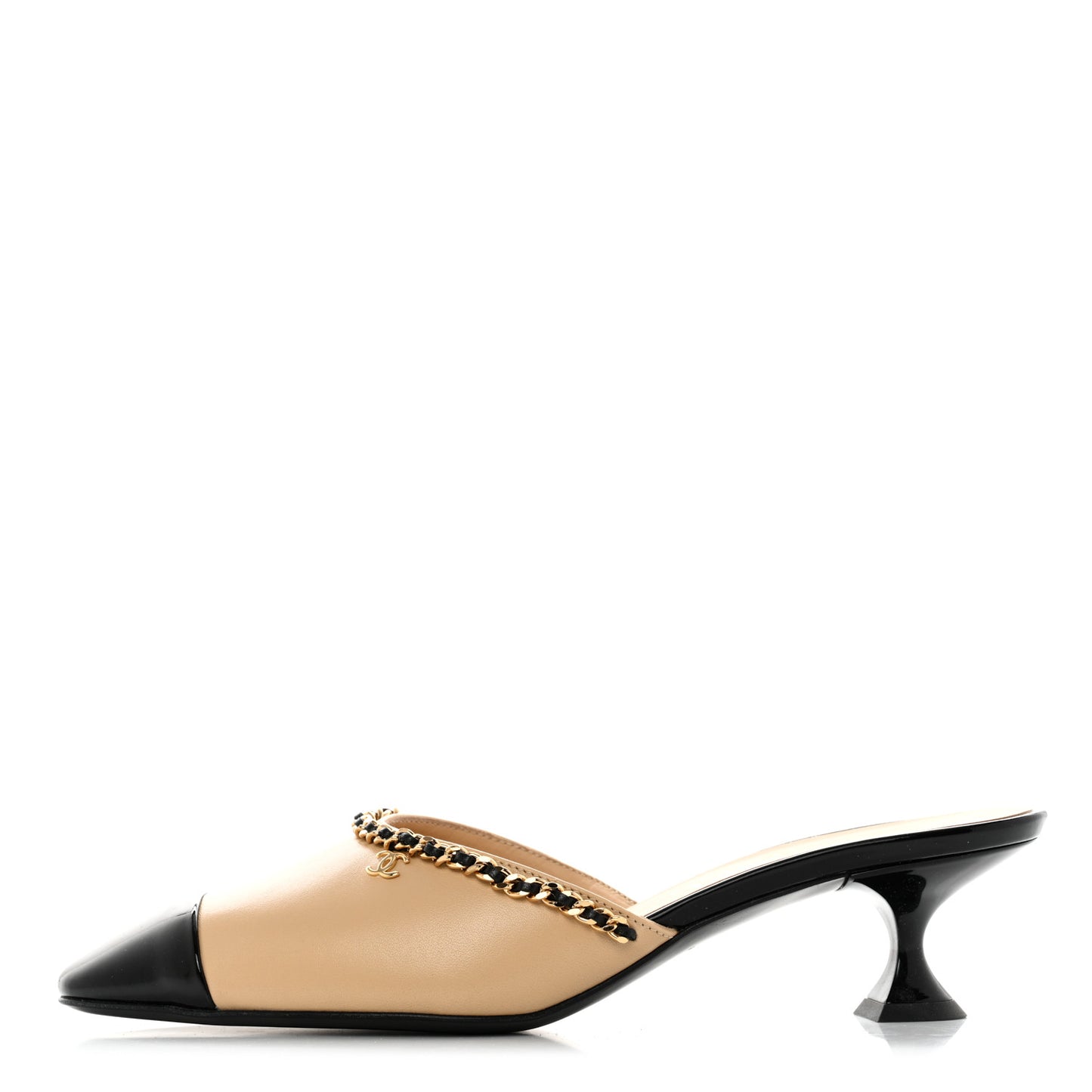 Lambskin Patent Cap Toe Chain Mule 37.5 Beige Black
