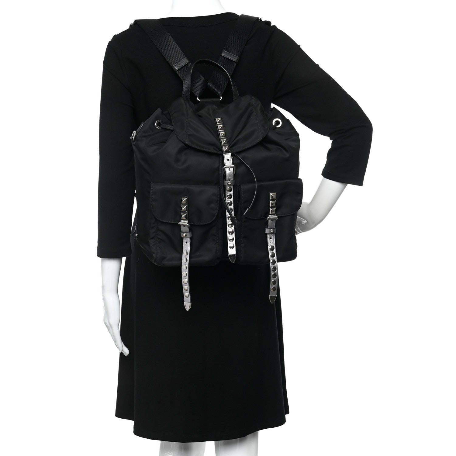 Prada Nylon New Vela Studded Backpack Black Cromo 2 of 9