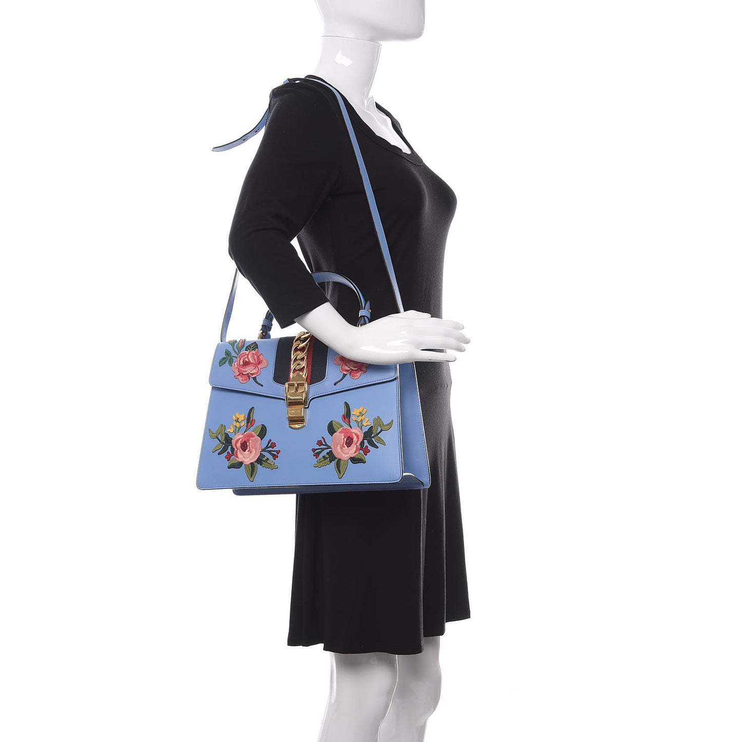 Calfskin Embroidered Medium Sylvie Top Handle Bag Clear Sky Blue