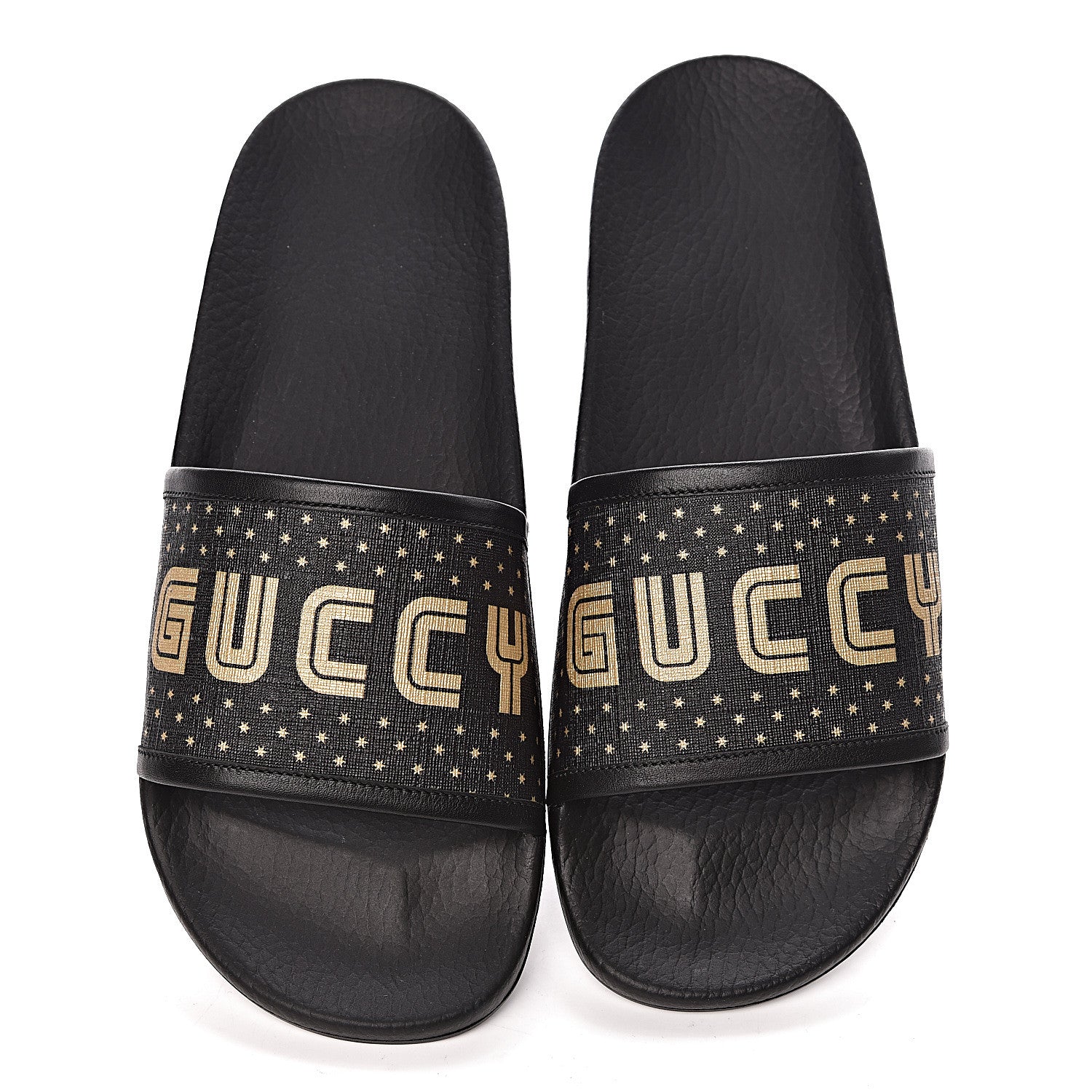 Gucci X SEGA Supreme Canvas GUCCY Stars Womens Slide Sandals 40 Black Gold 5 of 8