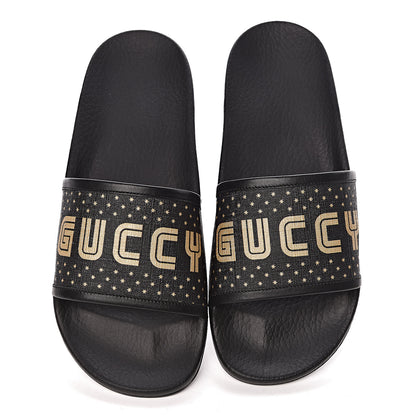 Gucci X SEGA Supreme Canvas GUCCY Stars Womens Slide Sandals 40 Black Gold 5 of 8