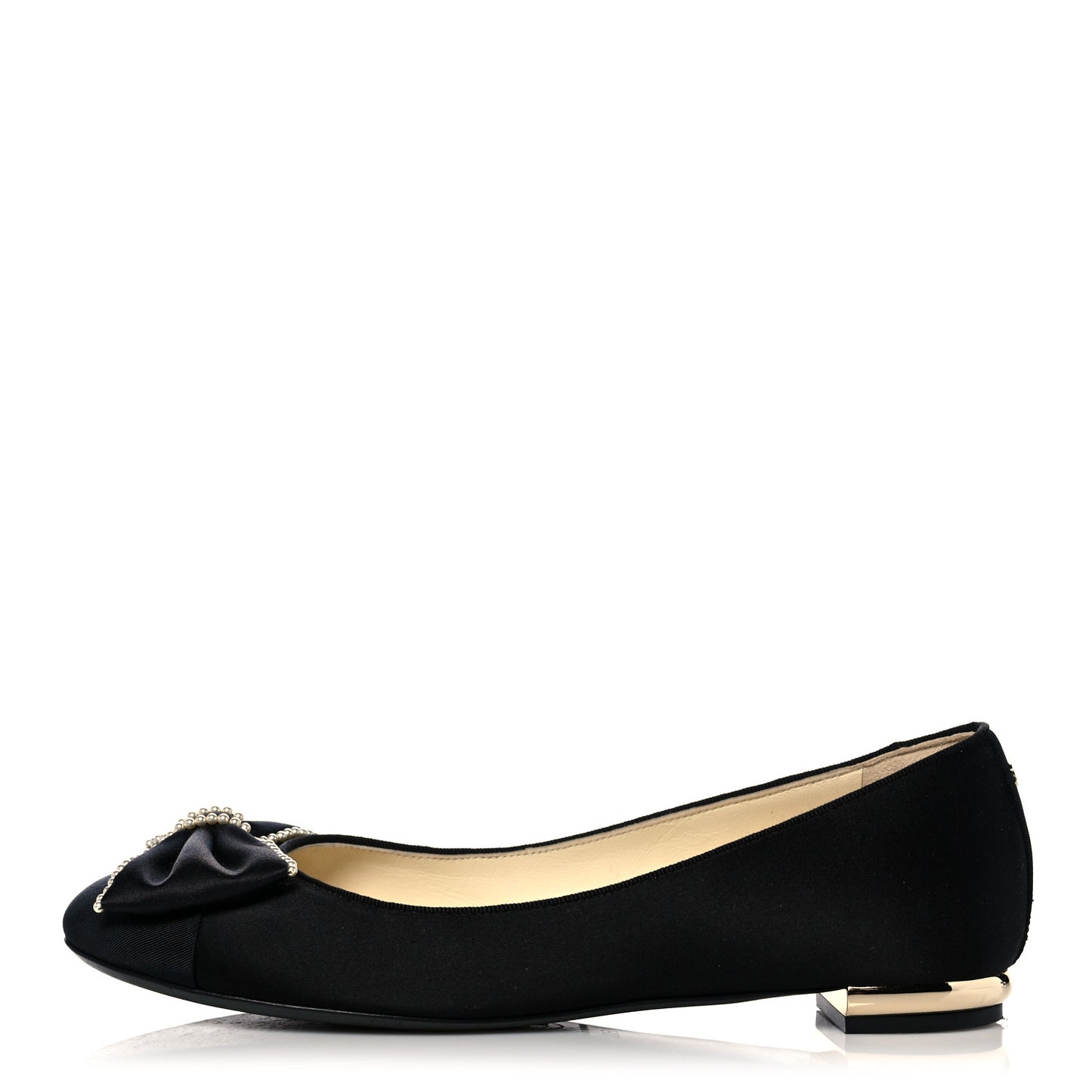 Satin Grosgrain Pearl Bow Ballerina Cap Toe Flats 38.5 Black