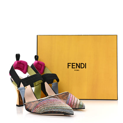 Fendi Technical Mesh FF Rainbow Beaded Colibri 85mm Slingback Pumps 37.5 Tobacco Black Multicolor 15 of 16