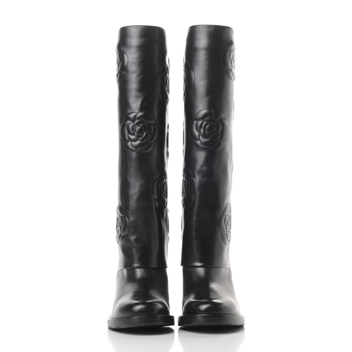 Calfskin Camellia High Boots 37.5 Black