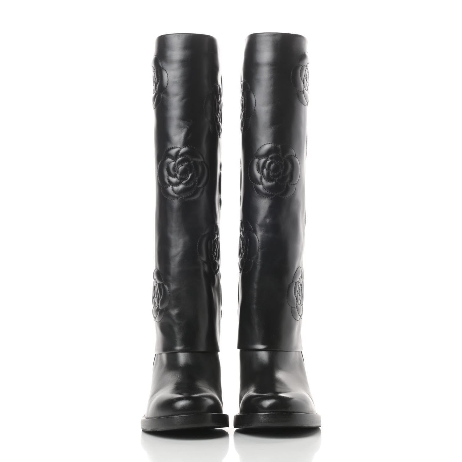 Chanel Calfskin Camellia High Boots 37.5 Black 2 of 12