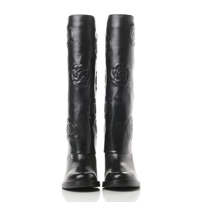 Chanel Calfskin Camellia High Boots 37.5 Black 2 of 12