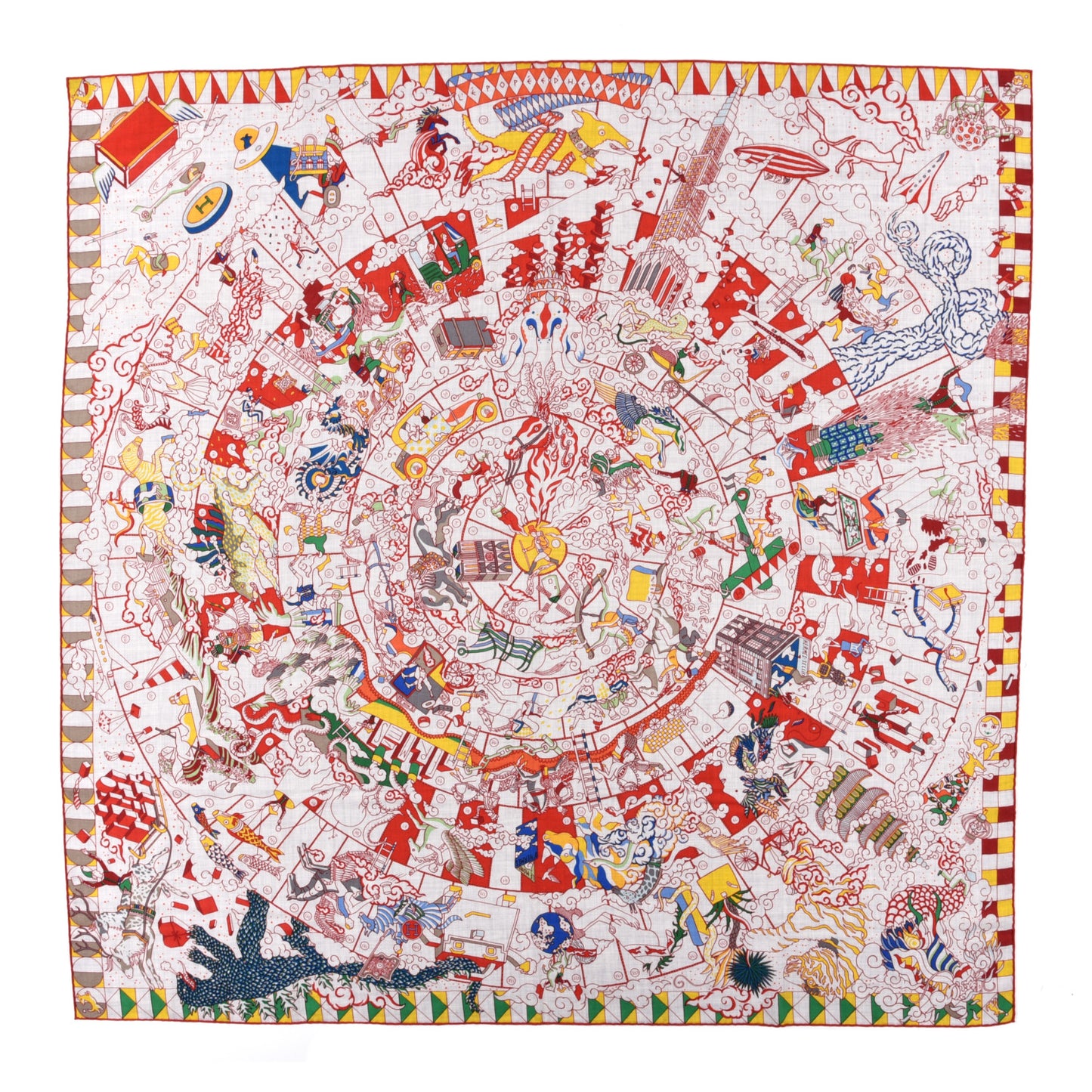 Cashmere Silk L'Epopee D'Hermes Shawl 140 Gris Chine Rouge Multicolor