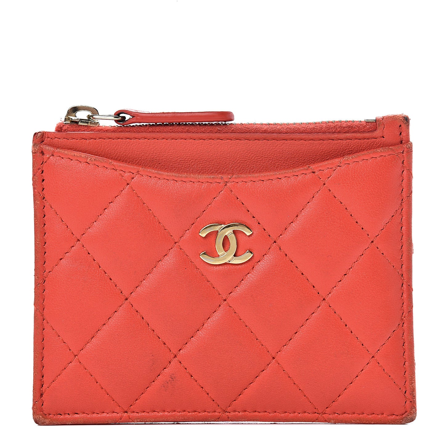 Lambskin Quilted Zip Card Holder Red