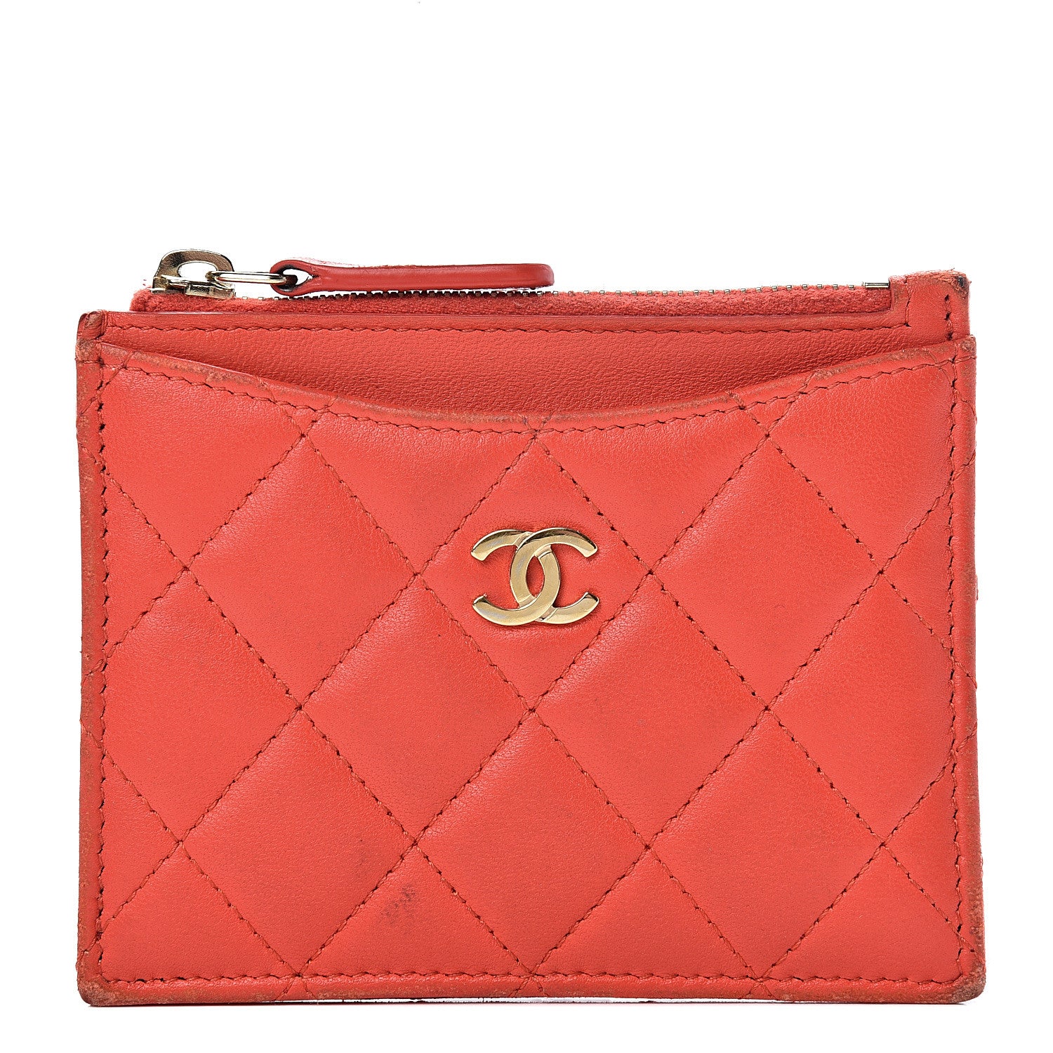 Chanel Lambskin Quilted Zip Card Holder Red 1 of 13