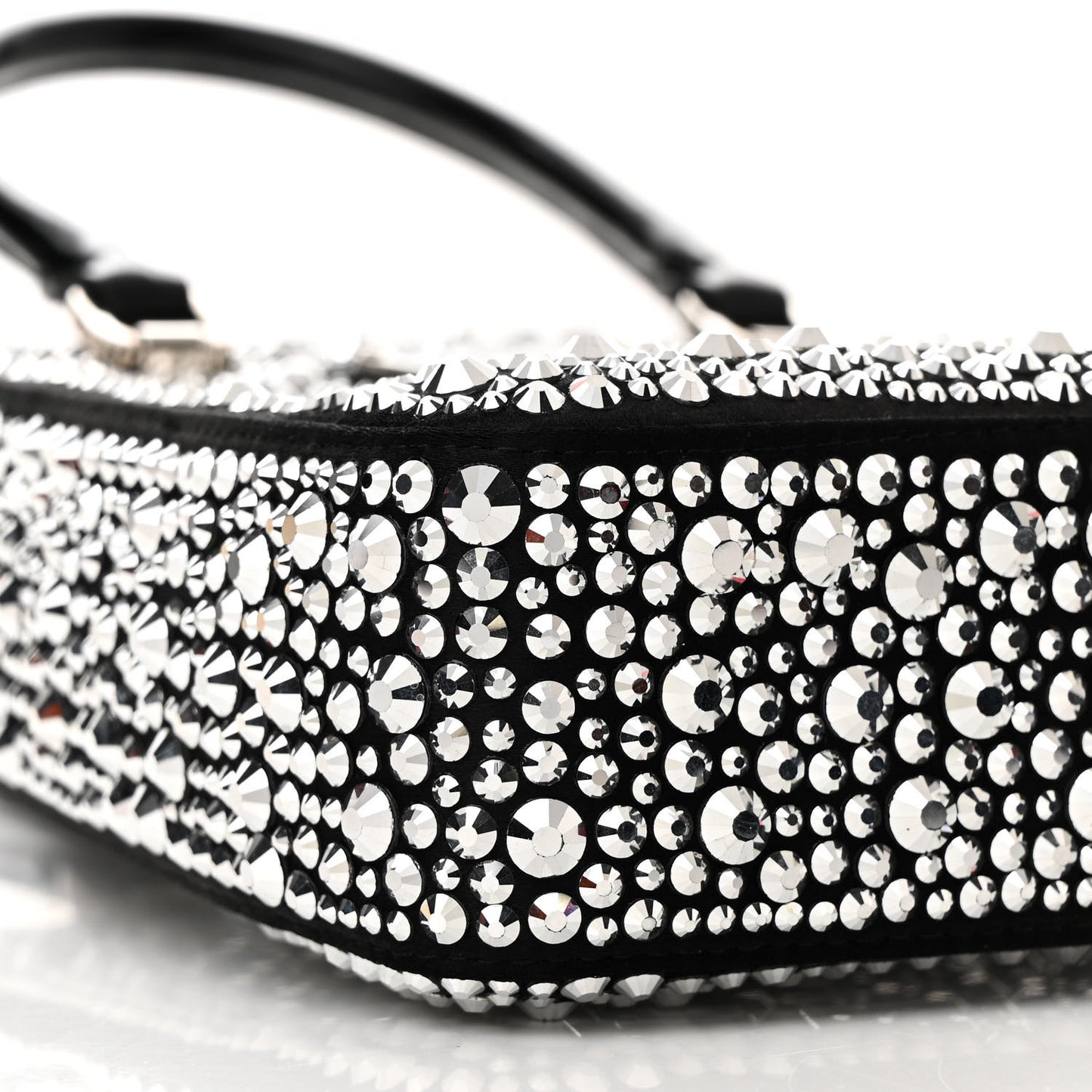 Satin Crystal Metal Triangle Logo Small Double Handle Crossbody Tote Metal