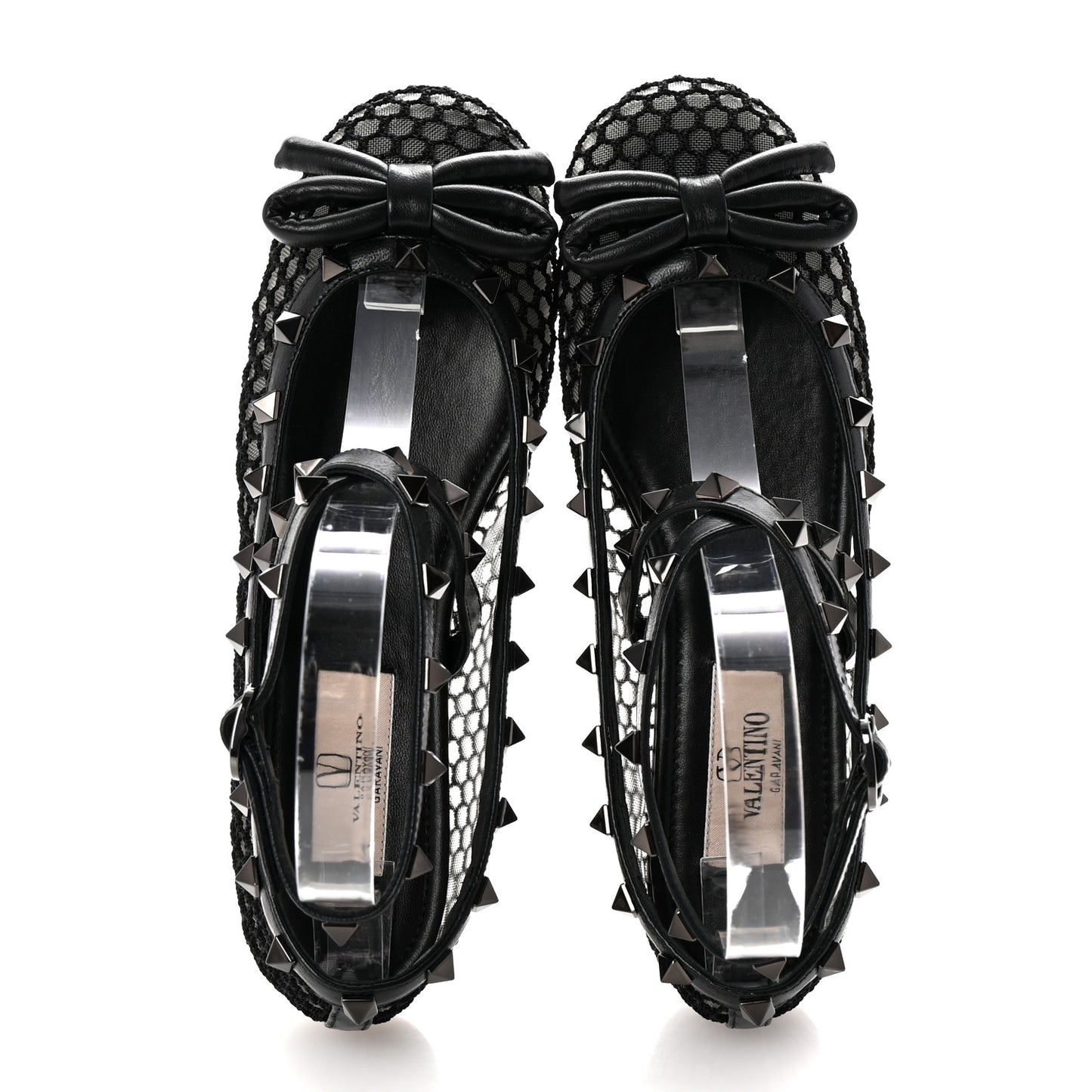 Mesh Calfskin Rockstud Multi Strap Ballerina Flats 35.5 Black