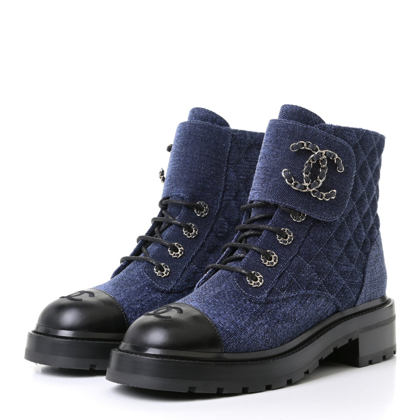 Denim Calfskin Quilted Lace Up Combat Boots 38 Blue