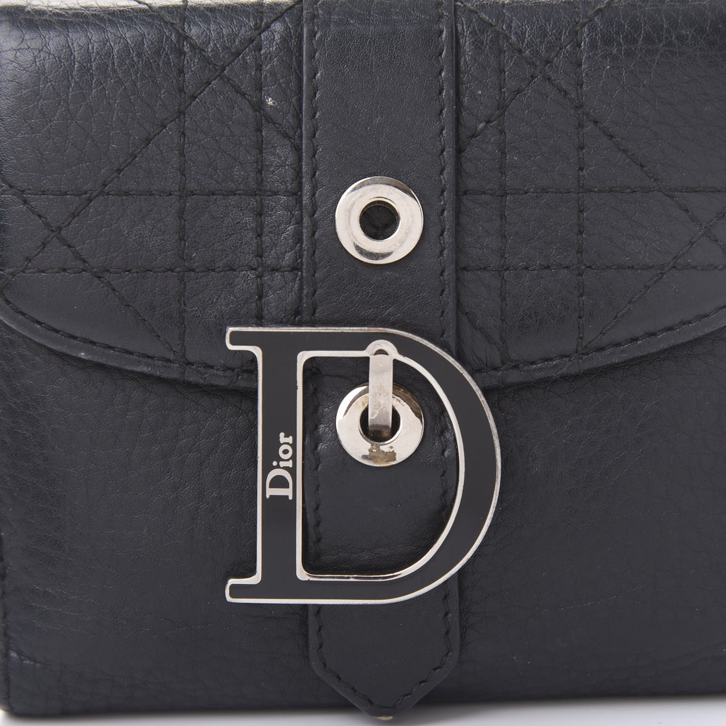 Grained Calfskin Cannage D Flap Wallet Black