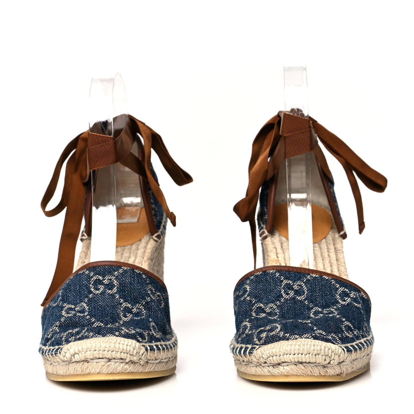 Denim GG Monogram Ankle Wrap Platform Espadrille Wedges 38.5 Blue Tea Cuir