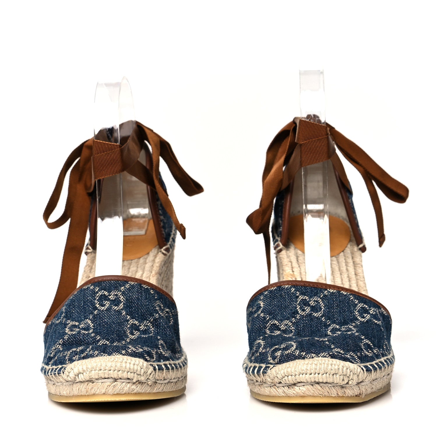 Gucci Denim GG Monogram Ankle Wrap Platform Espadrille Wedges 38.5 Blue Tea Cuir 2 of 8