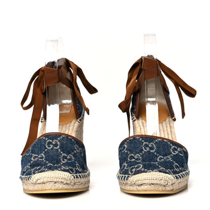 Gucci Denim GG Monogram Ankle Wrap Platform Espadrille Wedges 38.5 Blue Tea Cuir 2 of 8