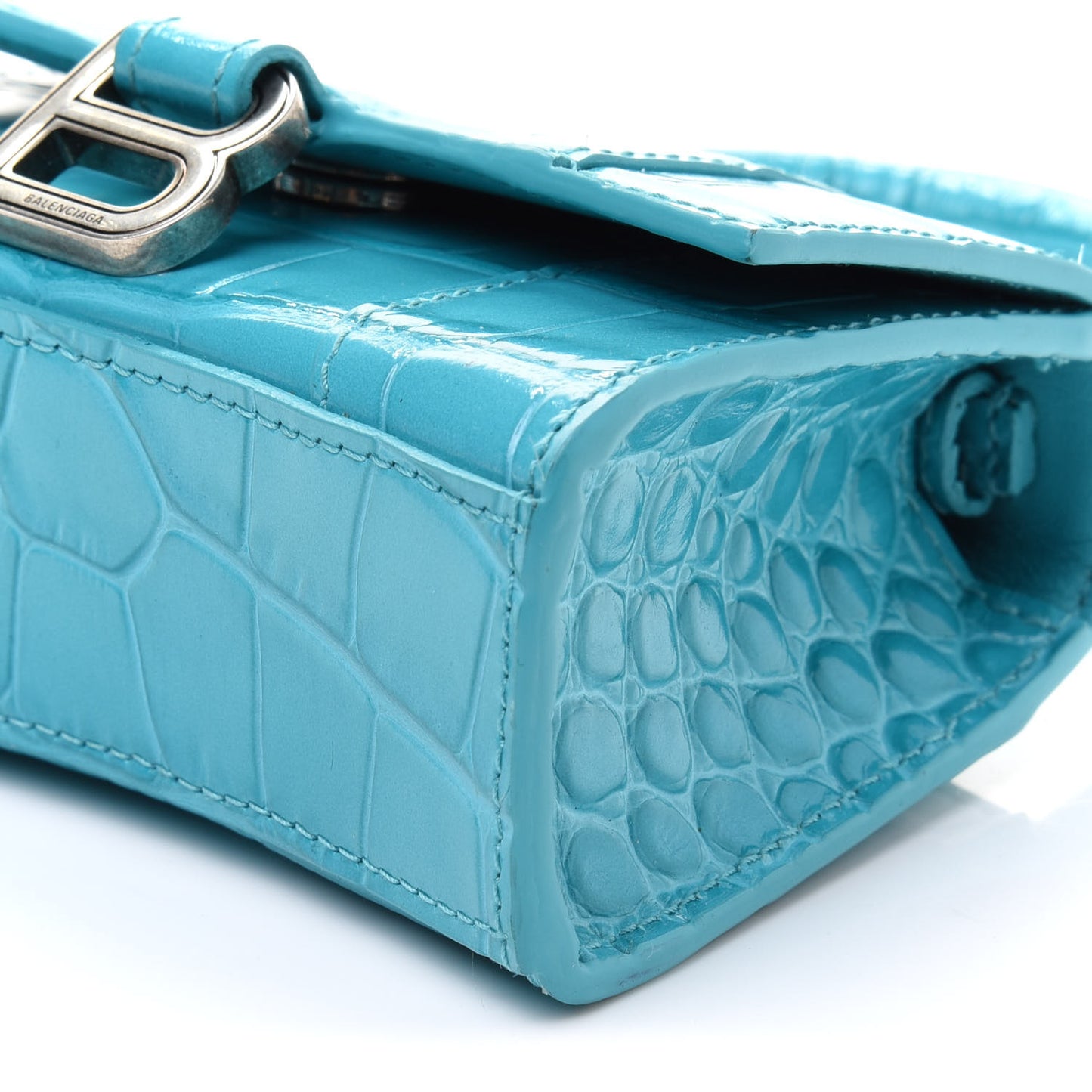 Shiny Calfskin Crocodile Embossed Hourglass Top Handle Bag Mini Turquoise