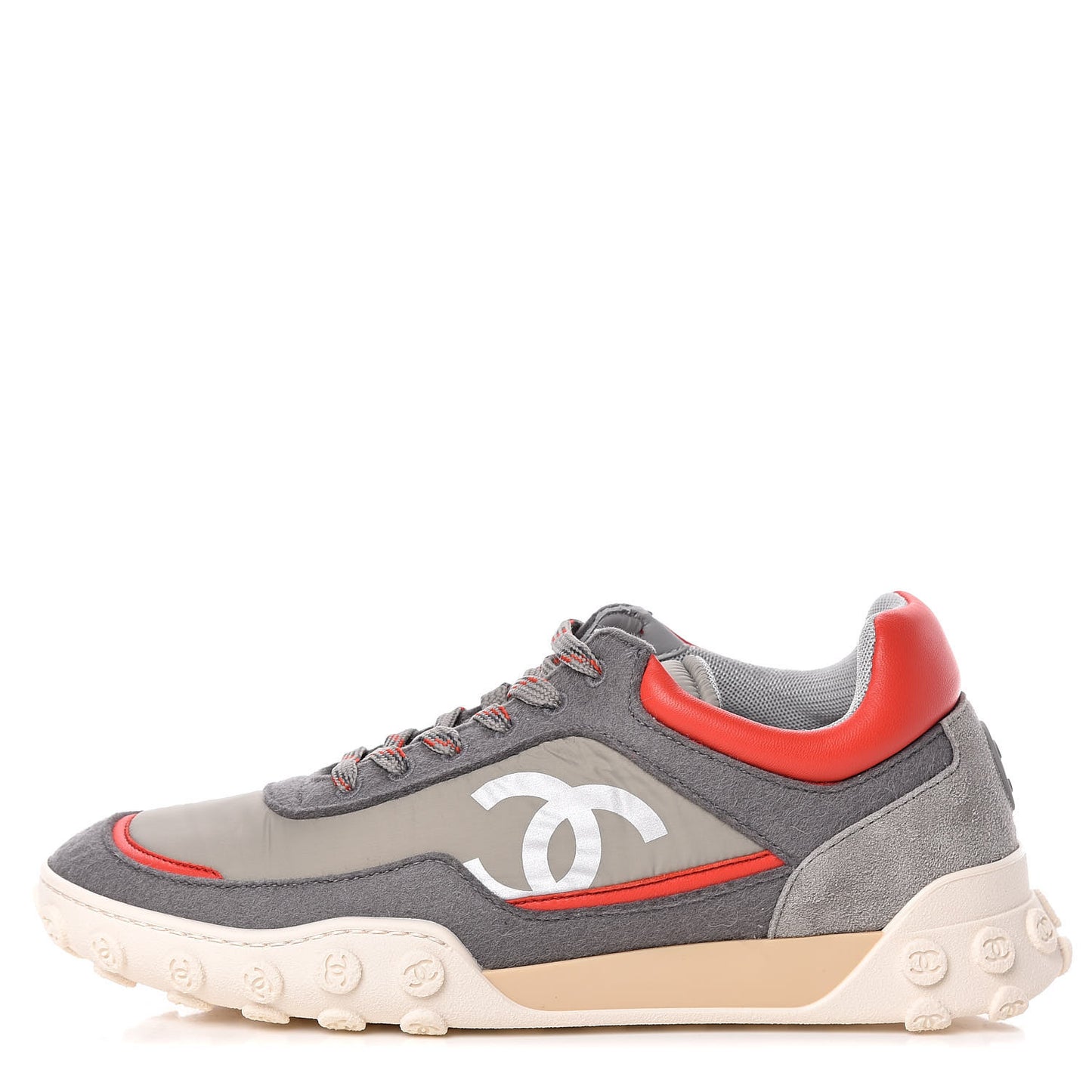 Nylon Calfskin Suede Womens CC Sneakers 38 Grey Red