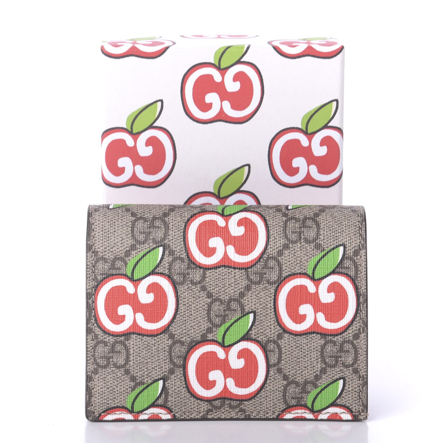 GG Supreme Monogram Apple Card Case Wallet Beige Multicolor Lobster Red