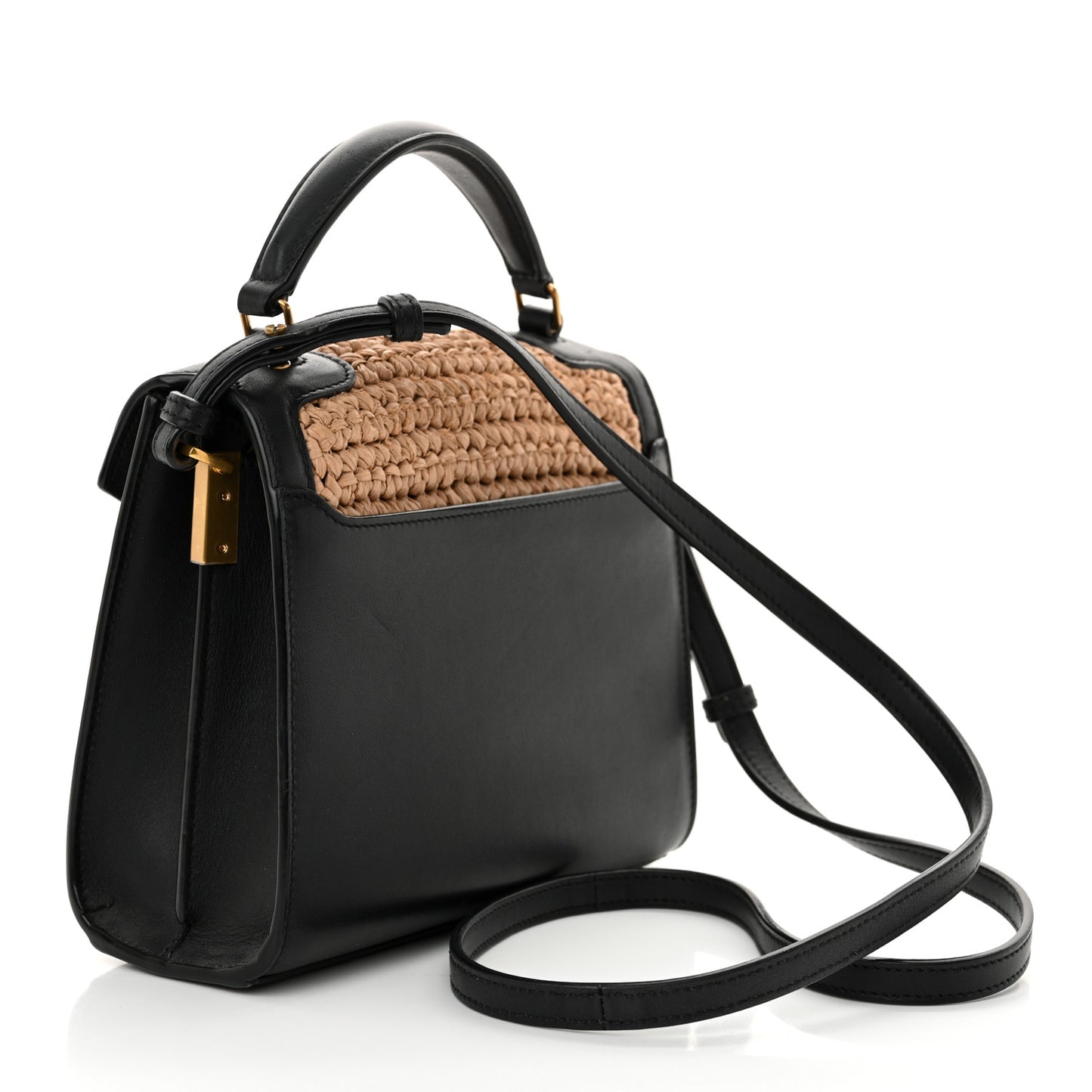 Raffia Calfskin Mini Classic Monogram Cassandra Top Handle Black Natural