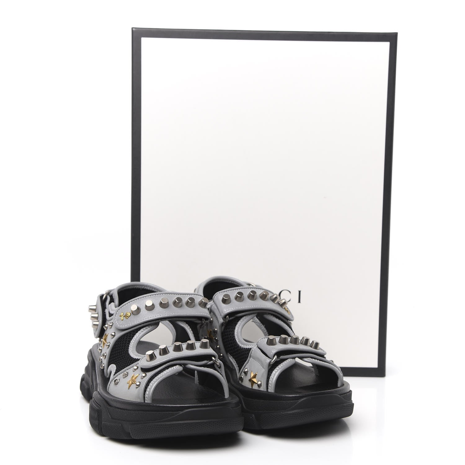 Gucci Technical Canvas Calfskin Reflective Studded Mens Aguru Sandals 7 Silver Black 7 of 7