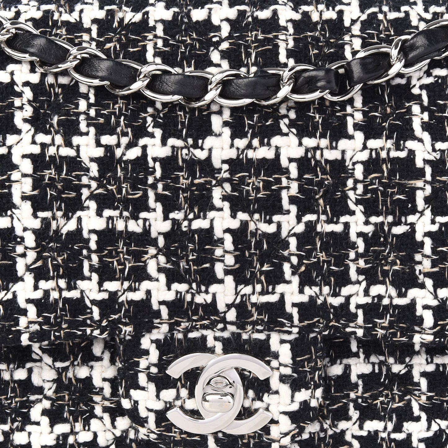 Tweed Quilted Medium Double Flap Black White