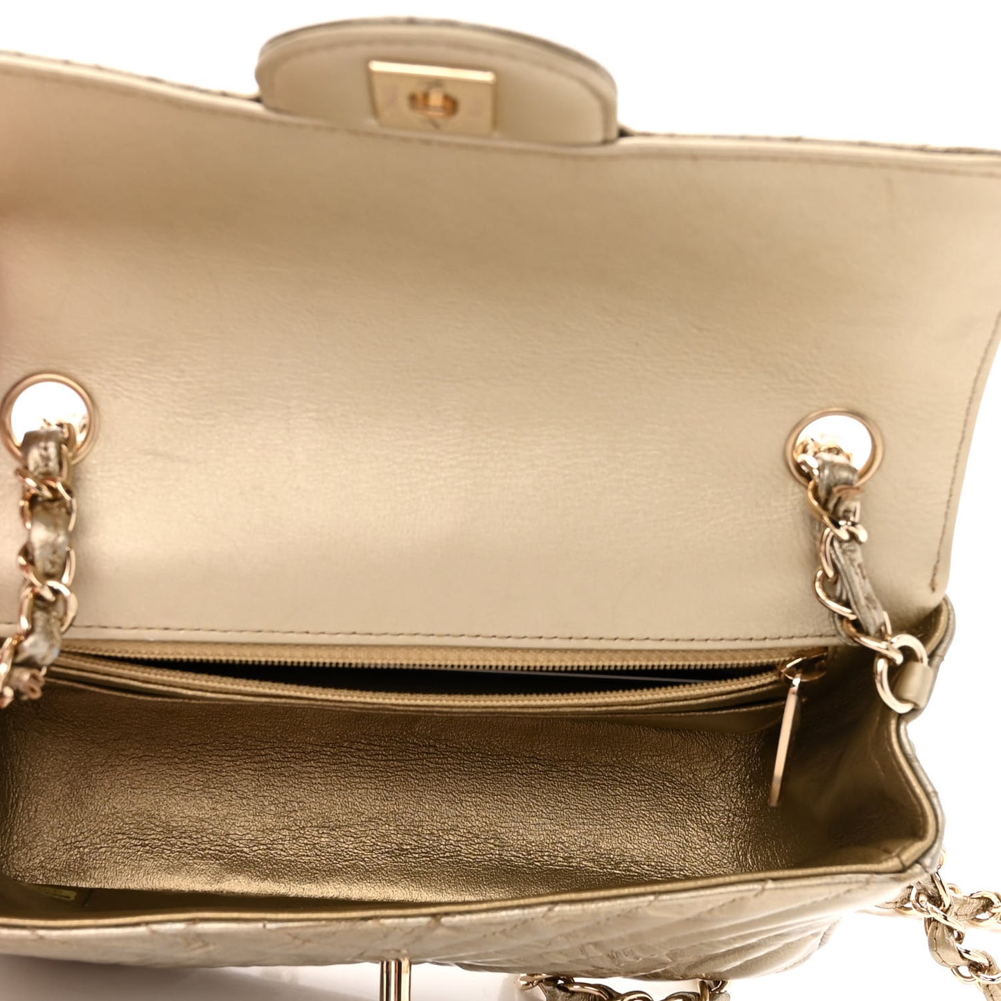 Patent Metallic Crumpled Calfskin Chevron Quilted Mini Rectangular Flap Gold