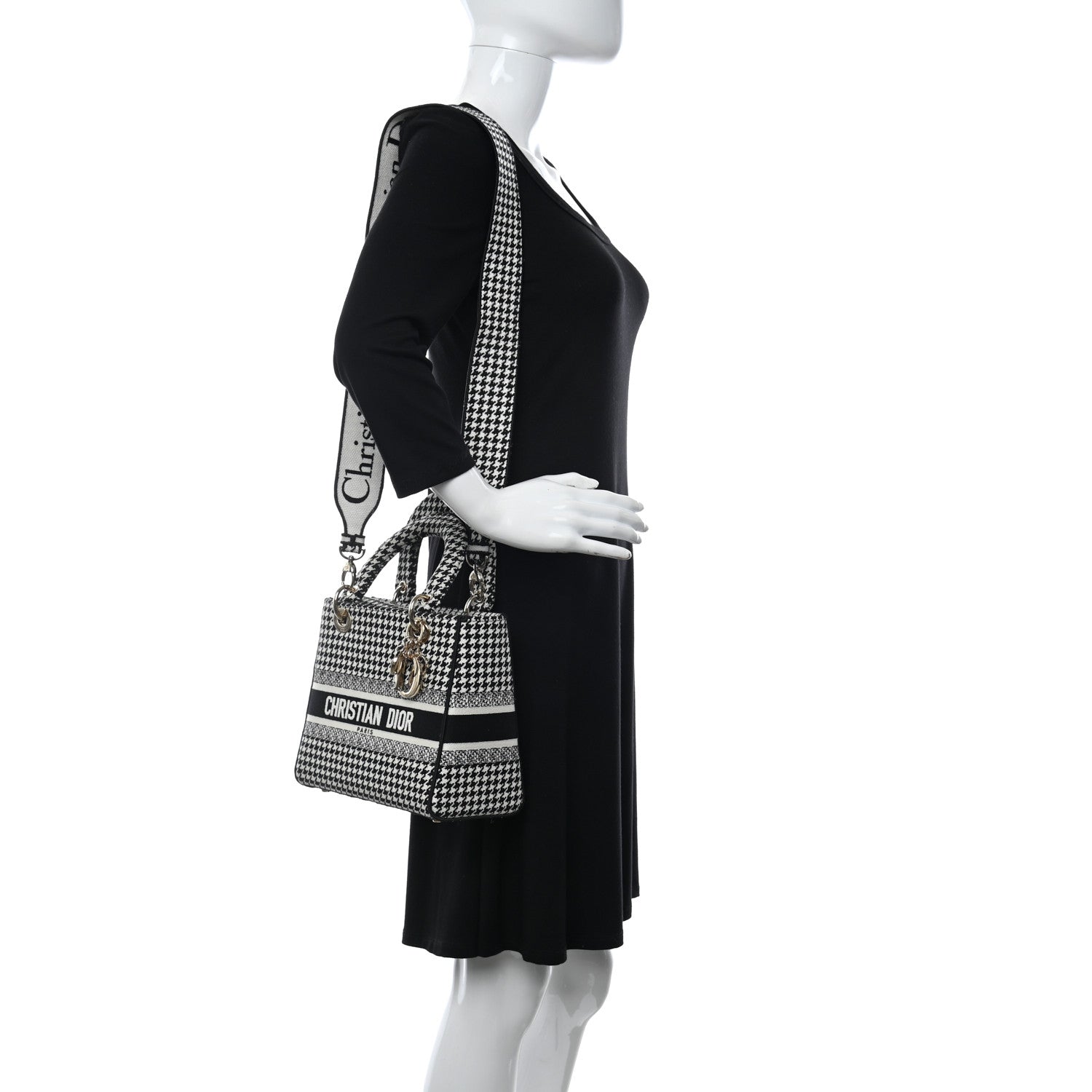 Christian Dior Canvas Houndstooth Embroidered Medium Lady D-Lite Black White 2 of 11