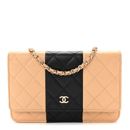 Chanel Lambskin Quilted Wallet On Chain WOC Beige Black 2 of 23