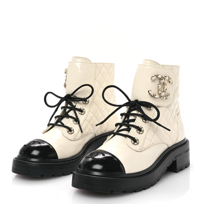 Chanel Shiny Lambskin Quilted Lace Up Combat Boots 36 White Black 3 of 9