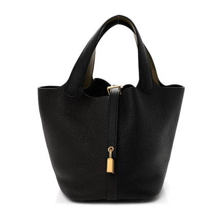 Hermes Taurillon Clemence Casaque Picotin Lock 18 PM Black Ebene Trench 1 of 11
