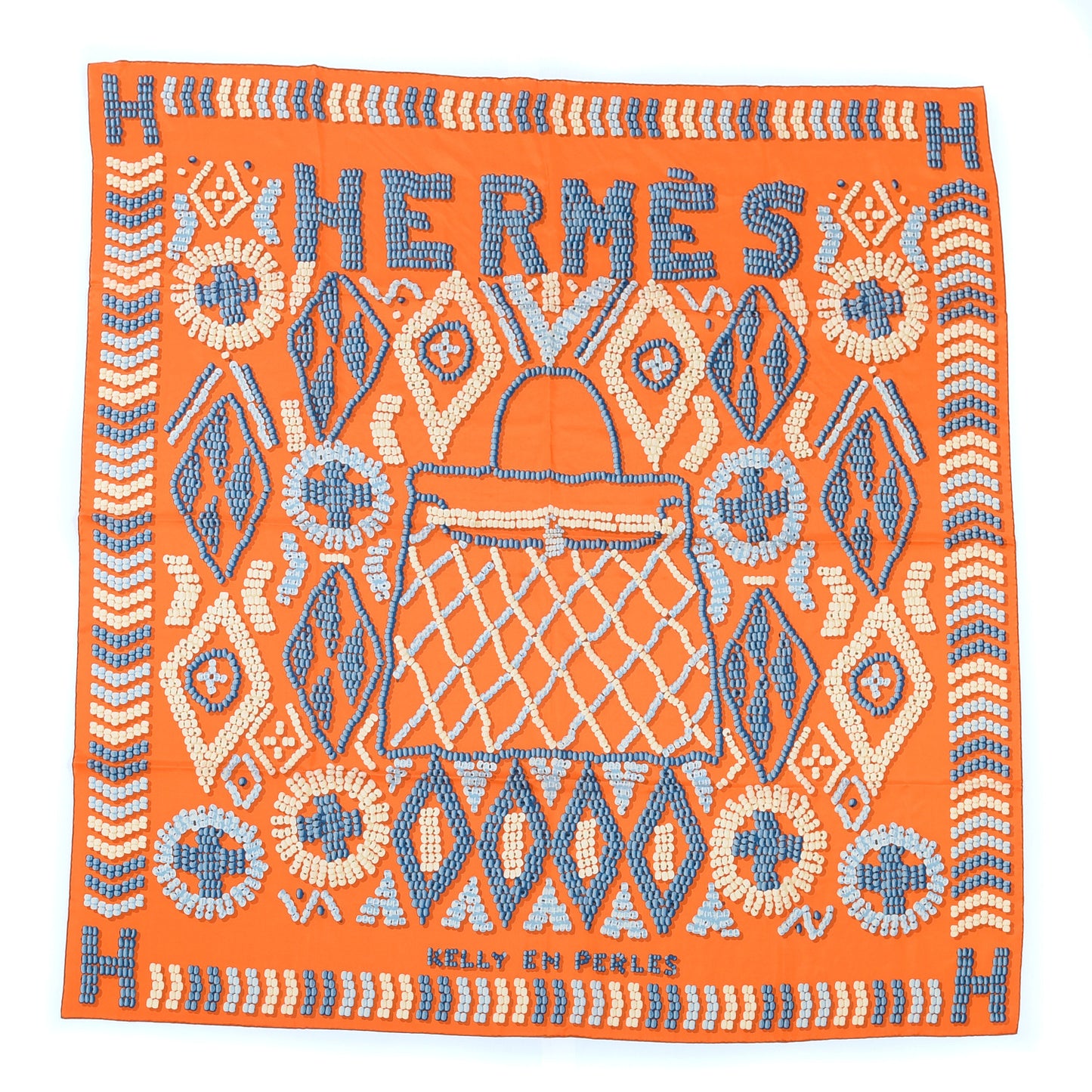 Silk Twill Kelly En Perles Giant Scarf 140 Orange Bleu Jean