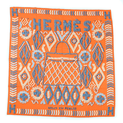 Hermes Silk Twill Kelly En Perles Giant Scarf 140 Orange Bleu Jean 1 of 4