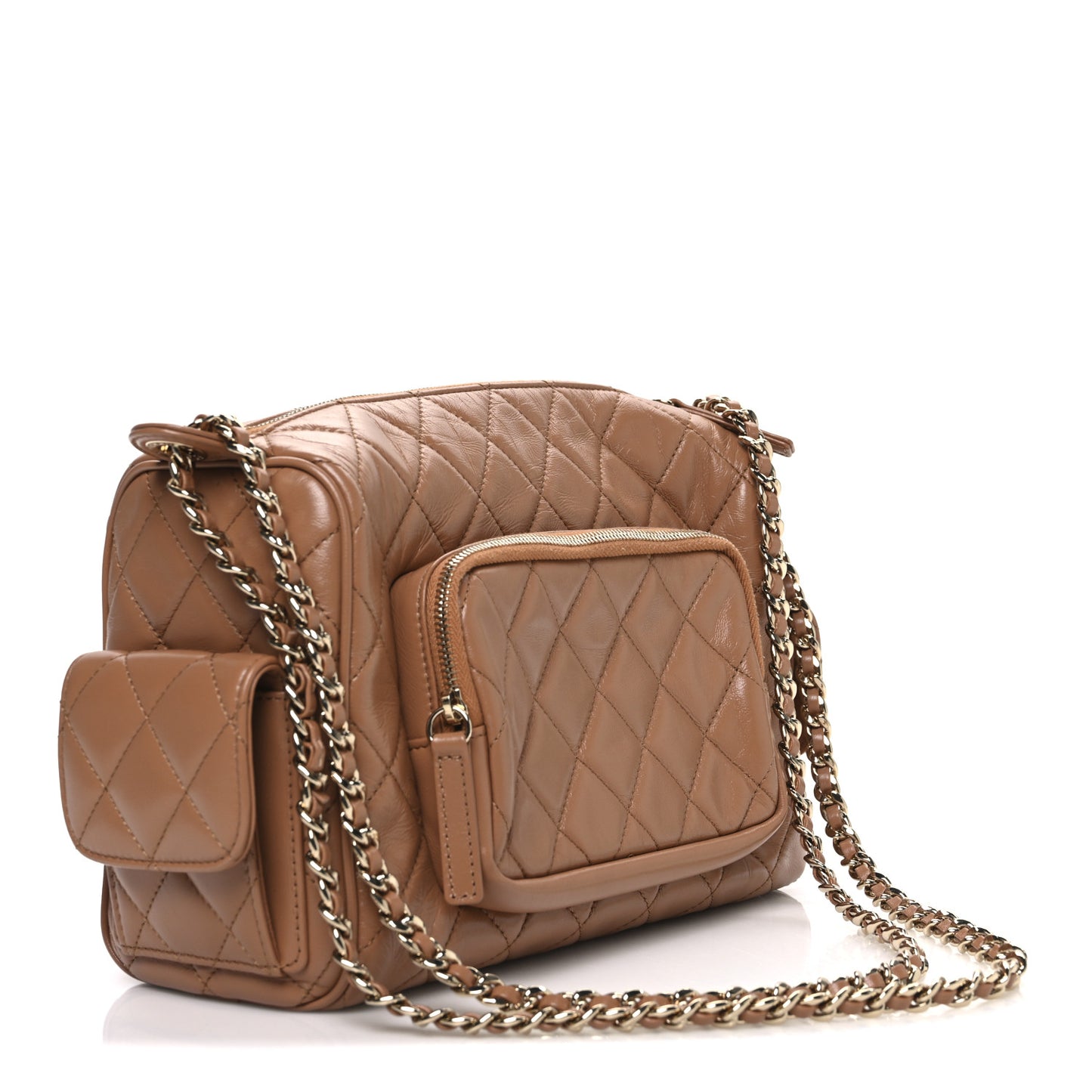 Shiny Crumpled Lambskin Quilted Medium Preppy Pocket Camera Case Brown