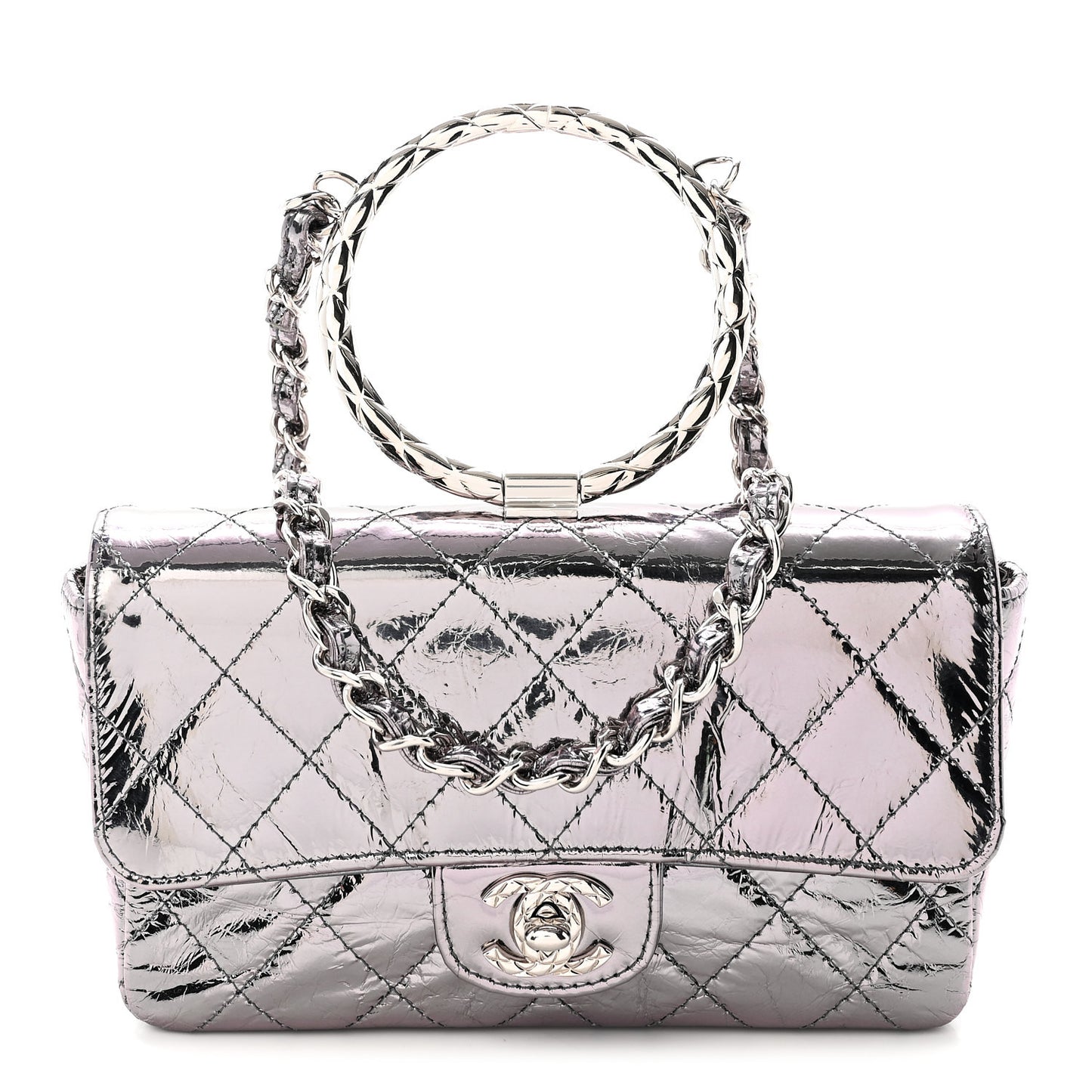 Crumpled Metallic Calfskin Quilted Ring Handle Mini Flap Silver