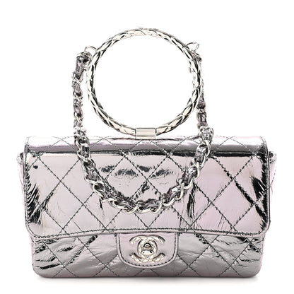 Chanel Crumpled Metallic Calfskin Quilted Ring Handle Mini Flap Silver 1 of 10