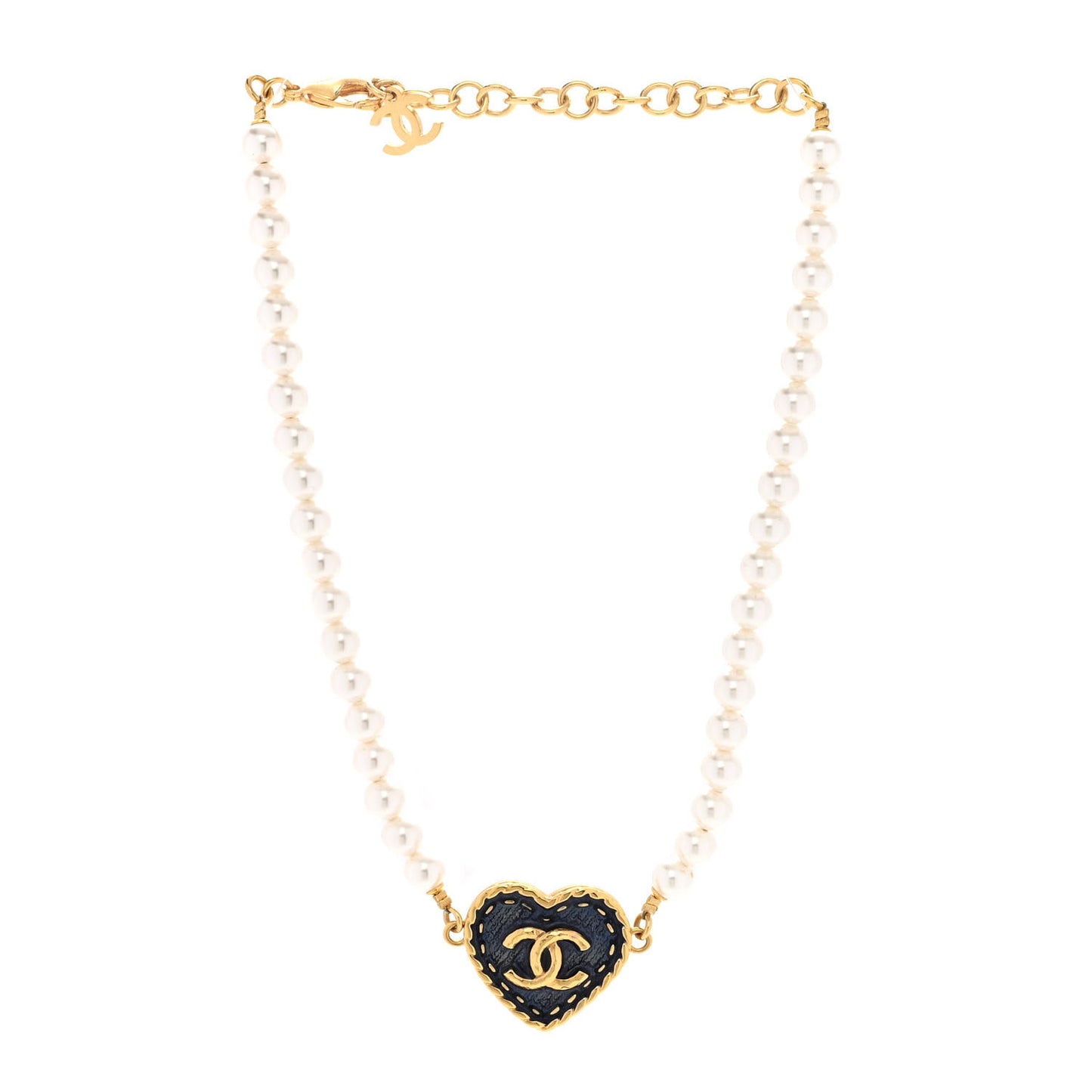 Metal Denim CC Heart Choker Gold Blue Pearly White