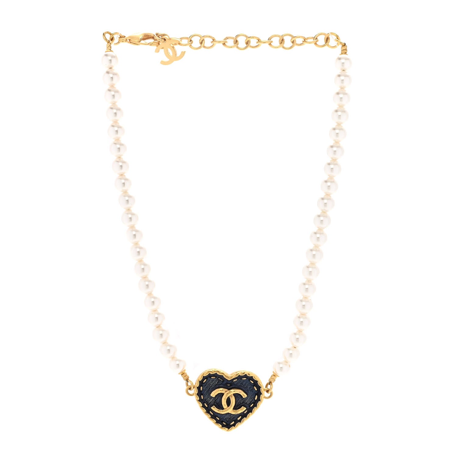 Chanel Metal Denim CC Heart Choker Gold Blue Pearly White 3 of 5