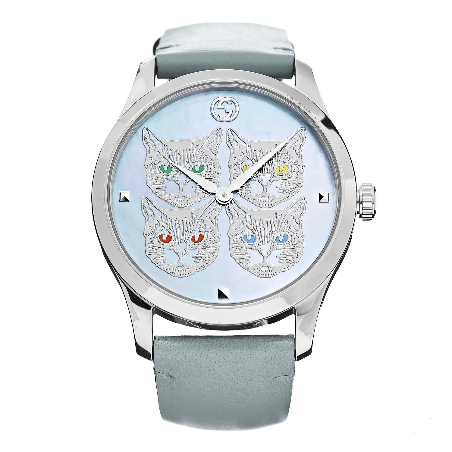 Gucci Stainless Steel Calfskin Blue Mother of Pearl 38mm G-Timeless Cat Quartz Watch 1 of 7
