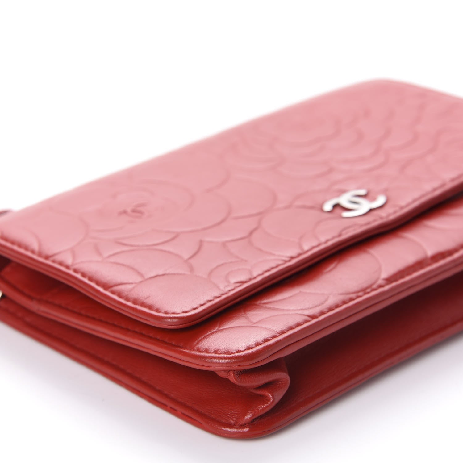 Chanel Lambskin Camellia Embossed Wallet On Chain WOC Red 6 of 14