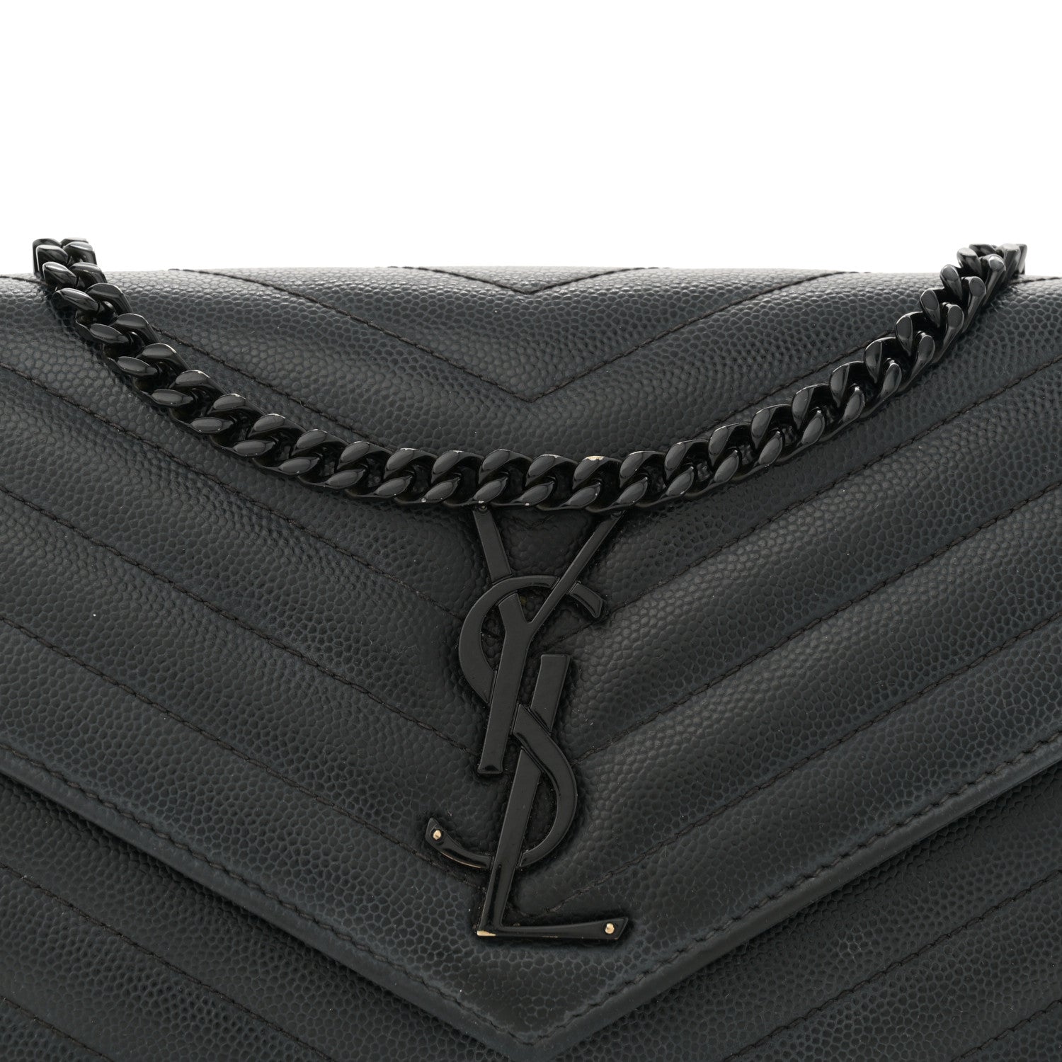 Saint Laurent Grain De Poudre Matelasse Chevron Monogram Monochrome Chain Wallet Black 9 of 15