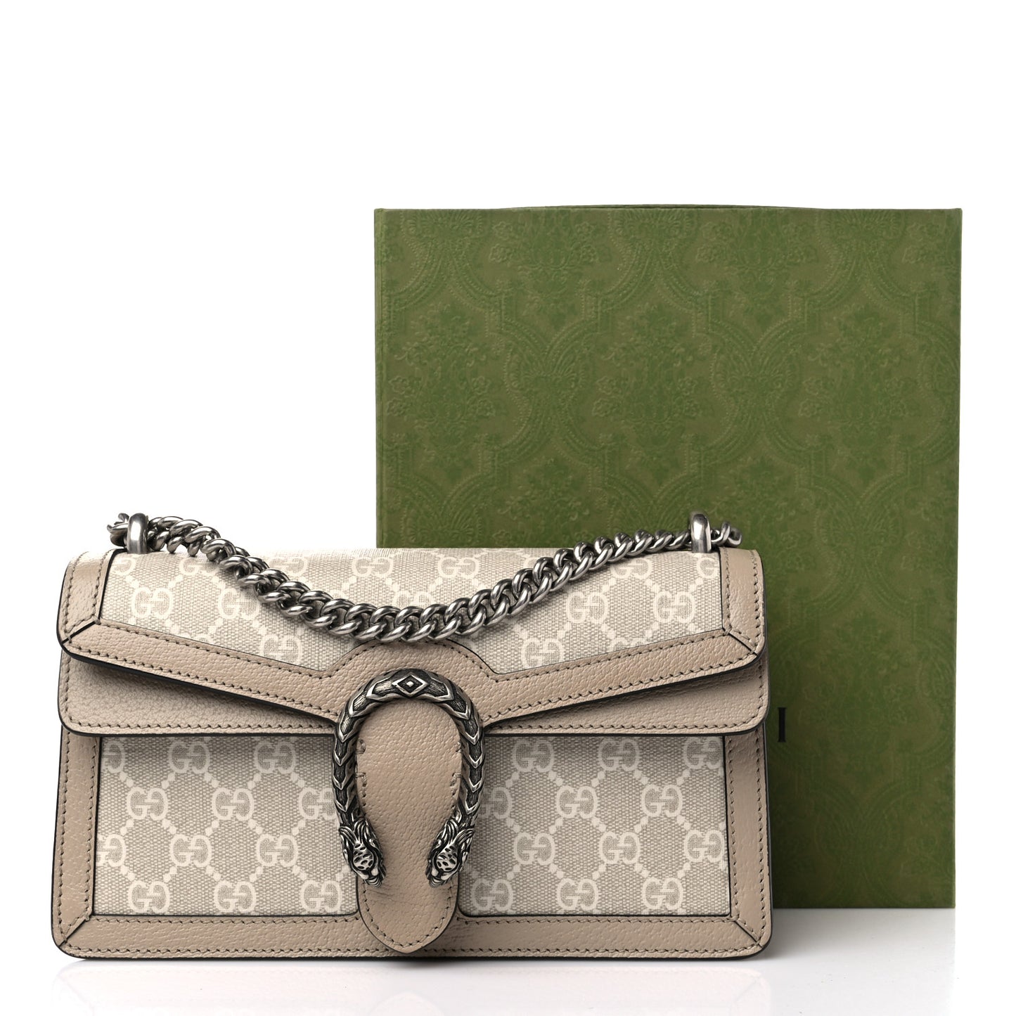 GG Supreme Monogram Textured Dollar Calfskin Small Rectangular Dionysus Shoulder Bag Beige Mystic White Oatmeal