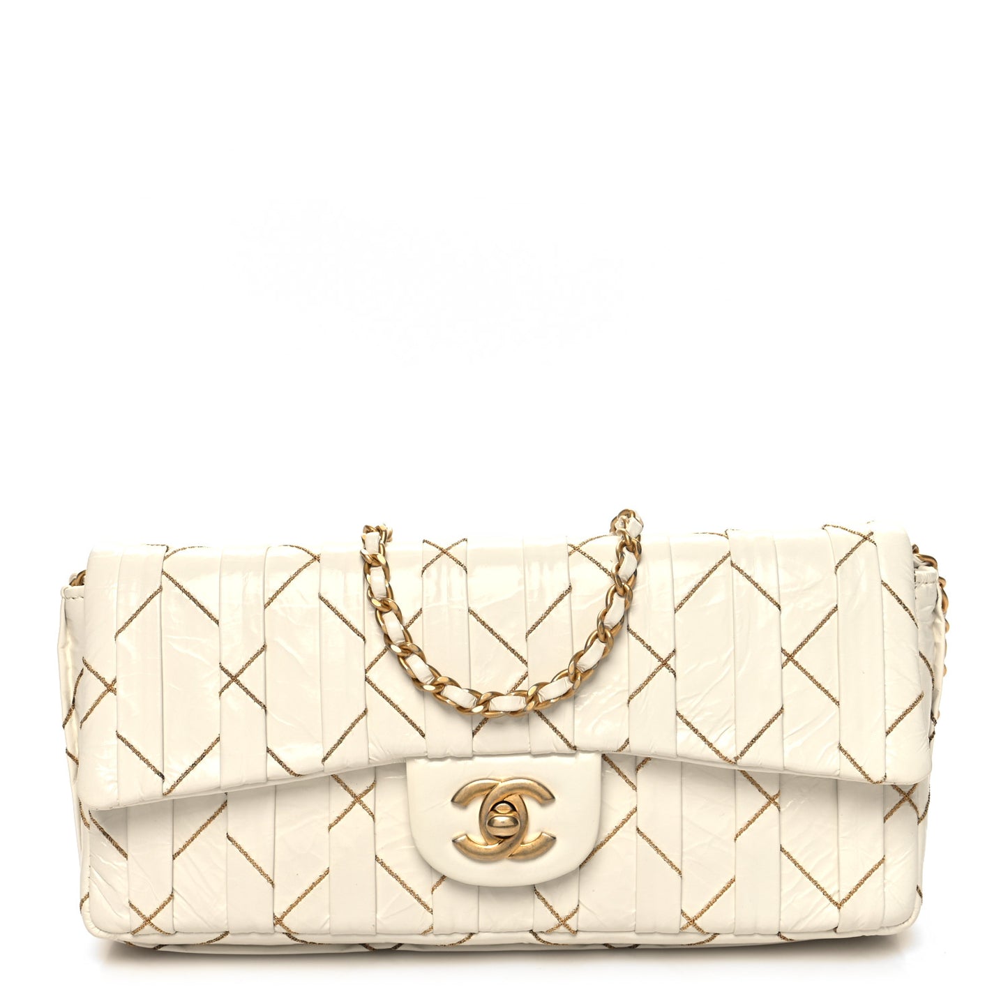 Glazed Calfskin Pleated Chain Stitch East West Flap White