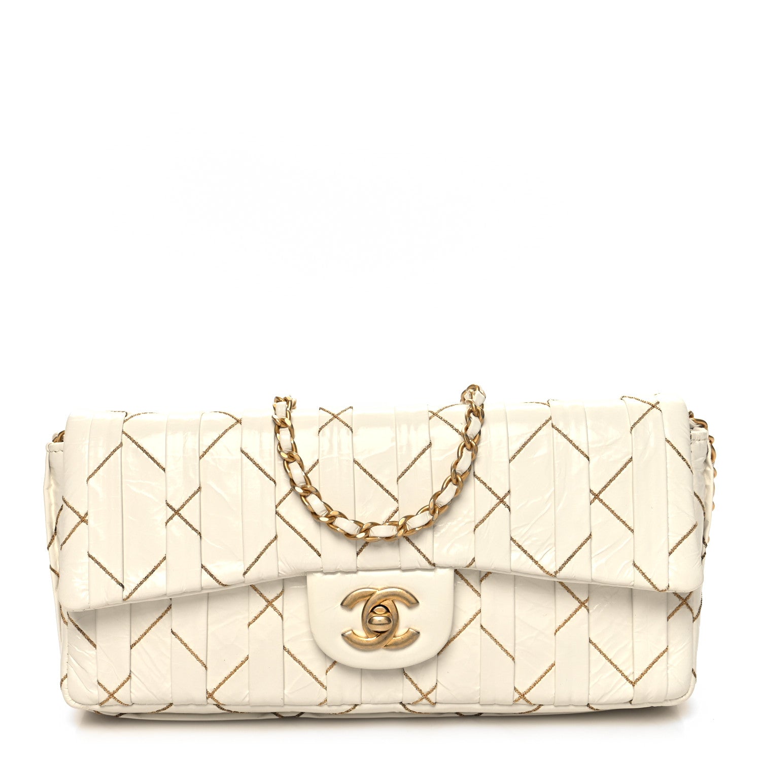 Chanel Glazed Calfskin Pleated Chain Stitch East West Flap White 1 of 10