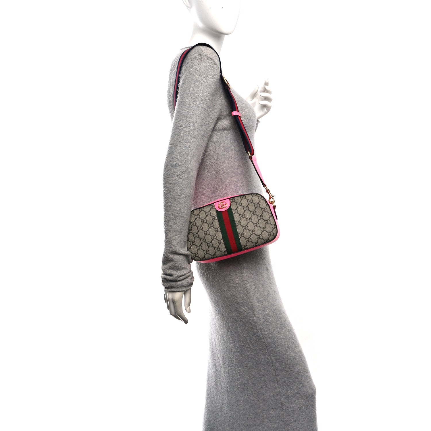 Gucci GG Supreme Monogram Textured Dollar Calfskin Web Ophidia Small Crossbody Bag Beige Ebony Fuchsia 2 of 10