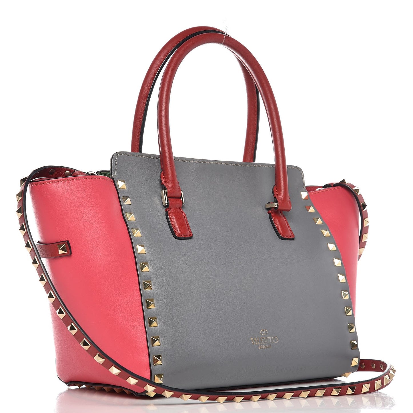 Vitello Colorblock Small Rockstud Double Handle Tote Deep Rose Clover Grey Scarlet